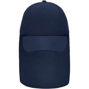 A navy blue 6-panel cap with a neck guard, featuring a rounded crown and a wide brim. It has a branding logo.