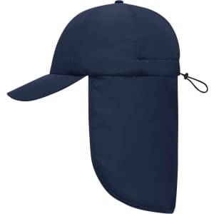 A navy 6 panel cap with a neck guard, featuring a pay and an adjustable toggle at the back.