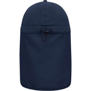 A navy blue 6 panel cap with a neck guard, featuring an adjustable drawstring and a logo.