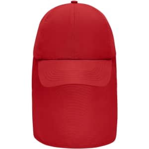 A red 6 panel cap with a neck guard, featuring a curved peak and a logo.