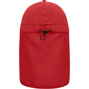 A red six-panel cap with a neck guard and an adjustable drawstring at the back. Features a logo.