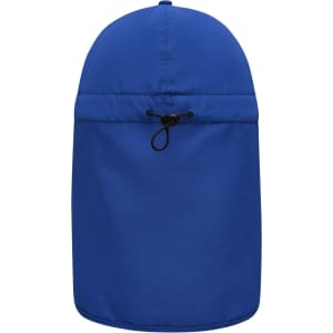 A blue 6 panel cap with a neck guard, featuring a drawstring for adjustment and a logo on the back.