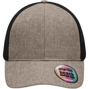 A grey mesh trucker cap with a black mesh back, featuring a round branding label on the front.