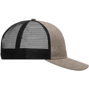 A grey and black 6-panel mesh trucker cap with a flat brim and a mesh back. It features a logo.