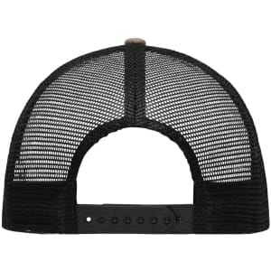 A black mesh trucker cap featuring a rear adjustable strap and a logo on the back.