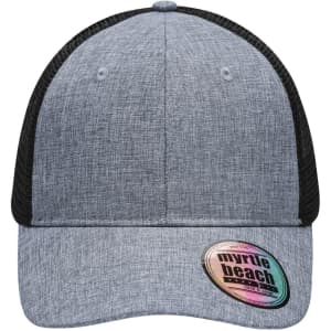 A grey mesh trucker cap with a black mesh back, featuring a circular logo on the brim.