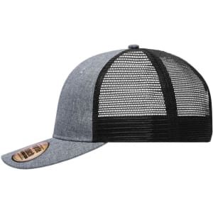A grey hat with a black mesh back features a flat brim and includes a logo on the side.
