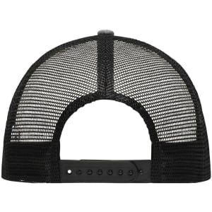 A black 6 Panel Mesh Trucker hat with a mesh back and adjustable snap closure. It features a logo.