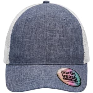 A grey and white 6 panel mesh trucker cap with a curved brim and a branded tag on the front.