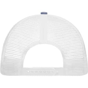 A white 6 panel mesh trucker hat featuring a blue button on the top and a plastic adjustable strap at the back.
