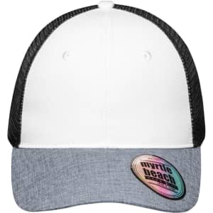 A 6 Panel Mesh Trucker cap featuring a white front, grey peak, and black mesh back, with a logo on the side.