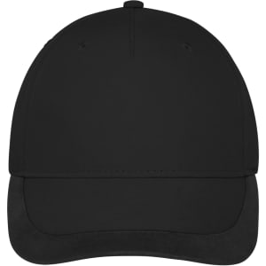 A black 5 panel sports cap featuring a curved brim and ventilation holes, with a branding logo.