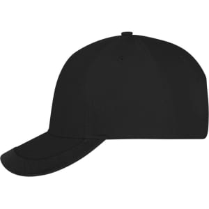 A black 5 panel sports cap with a curved brim and an adjustable strap at the back, featuring a logo.