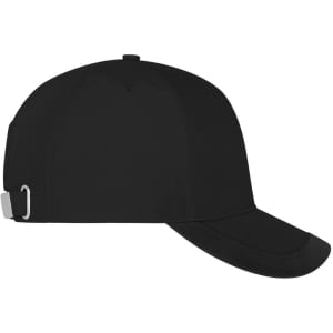 A black 5-panel sports cap with a curved brim and an adjustable strap, featuring a logo on the side.