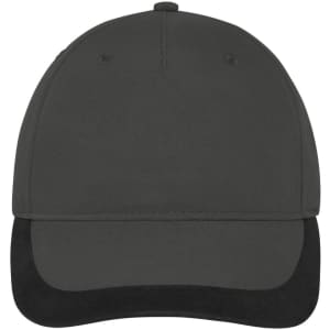 A 5 Panel Sports Cap in black with a contrasting dark visor and a logo on the front.
