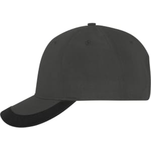A black 5 panel sports cap with a curved brim and a sewn logo detail.