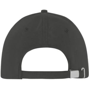 A black 5 panel sports cap featuring a rear adjustable strap and a logo on the back.