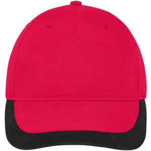 A red 5 panel sports cap with a black visor and a logo on the front.