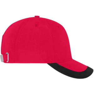A red cap with a black peak, featuring an adjustable strap and a logo on the side.
