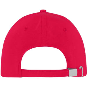 A red 5 panel sports cap featuring an adjustable strap at the back and a branded logo.
