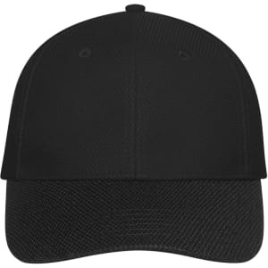 A black six-panel mesh cap featuring a solid design and an adjustable fit, complete with a logo.