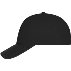 A black 6 panel mesh cap with a curved peak and a rear adjustable strap, featuring a logo.
