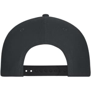 A black six-panel mesh cap featuring a snapback closure and ventilation holes. It includes a logo on the side.