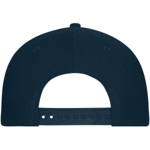 A navy 6 panel mesh cap featuring a flat brim and an adjustable snapback closure. The cap has a logo on the back.