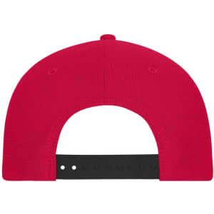A red 6-panel mesh cap with a black adjustable strap at the back, featuring a logo on the front.
