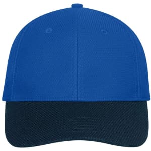 A blue and navy six-panel mesh cap featuring a curved brim and a logo on the front.