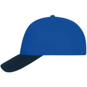 A blue cap with a navy peak and a mesh design, featuring a logo on the front.