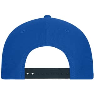 A blue 6 panel mesh cap with a black adjustable strap at the back. The cap features a logo.