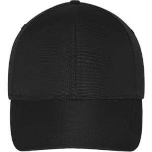 A black 6 panel cap featuring a structured design and a logo on the front.