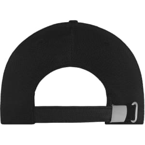 A black 6 panel cap featuring a rear strap and adjustable buckle, with a logo on the back.