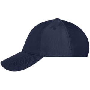 A navy 6-panel cap featuring a curved brim and a logo on the front.