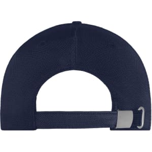 A navy 6-panel cap featuring a textured fabric and an adjustable strap at the back. It includes a logo.