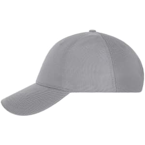 A grey 6 panel cap with a curved brim and ventilation holes, featuring a logo on the side.