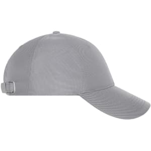 A grey 6 panel cap with a curved brim and an adjustable strap at the back. It features a logo.