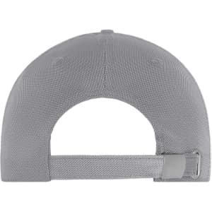 A grey 6-panel cap featuring a textured fabric and an adjustable back strap, with a branding logo present.