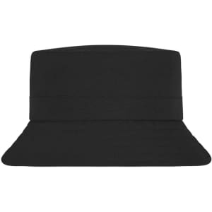 A black fisherman hat with a wide brim and a structured crown, featuring a logo on the side.