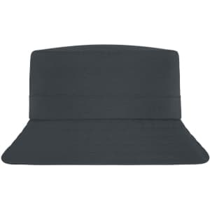 A dark grey fisherman hat with a wide brim and a structured design, featuring a logo on the side.