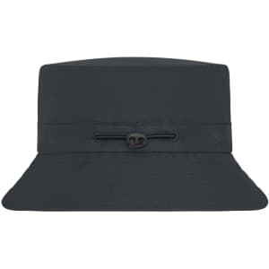 A dark grey fisherman hat with a wide brim and an adjustable drawstring for a secure fit. Features a logo.