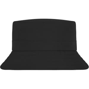 A black fisherman hat with a wide brim and a relaxed fit, featuring a logo.