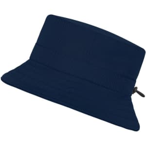 A navy blue fisherman hat with a wide brim and an adjustable strap. It features a logo on the side.