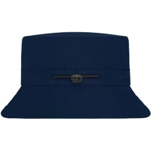 A navy fisherman hat with a wide brim and a drawstring feature. The hat has a logo on it.