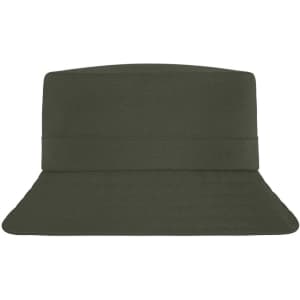 A green fisherman hat with a wide brim and structured top, featuring a logo.
