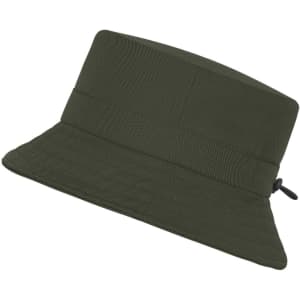 A green fisherman hat featuring a wide brim and a textured design, with a logo present.