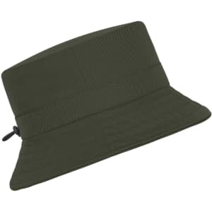 A green fisherman hat featuring a wide brim and an adjustable cord. Includes a subtle logo.