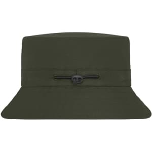 A green Fisherman Hat with a wide brim and adjustable toggle for a secure fit. Features a branding logo.