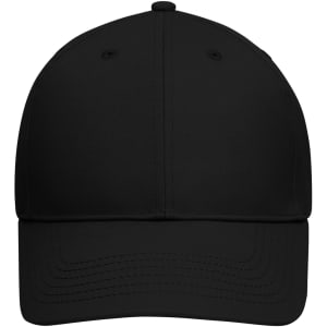 A black 6 panel cap made of bio cotton, featuring a logo on the front and stitched detailing on the visor.